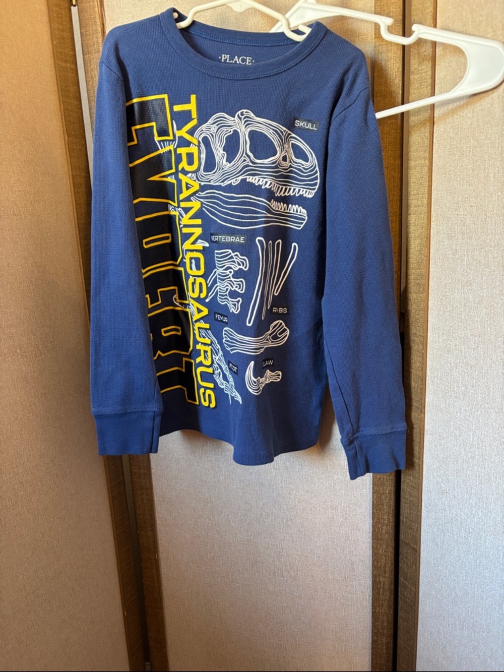 Place Navy Long Sleeve Tee with Yellow Accent Tyrannosaurus Graphic Mecium 7/8